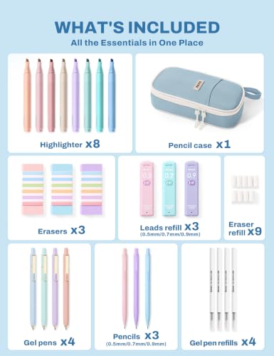 SUNEE Pencil Case with Supplies, 35PCS Aesthetic Stationery Set, Blue - color: Blue, style: 35 Pack