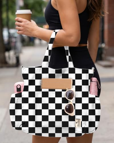 Miss Adola Corduroy Crossbody Tote Bag for Women - color: Black and White Checkerboard