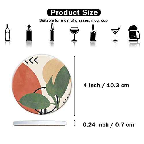 HOPONY Coasters for Drinks,6 Pieces Ceramic Stone Coaster Set with Metal Holder Stand, Cork Base,Absorbent Cups Place Mats for Home Decor,Abstract Leaf - color: Abstract Leaf