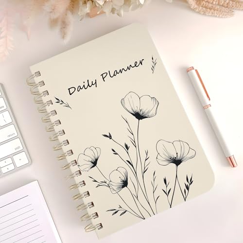 Undated Daily Planner - Spiral Notebook 80 Days One Day Per Page, Hourly Schedule, To-Do List, Notes, Everyday Planning Task, A5 Hardcover Journal Organizer Book Women Cute, White Flower - color: Line Flower