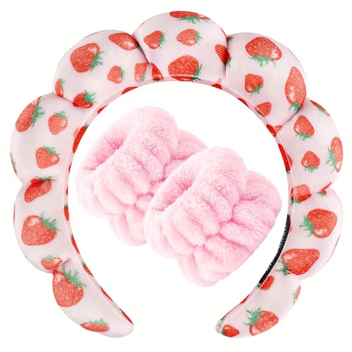 Zkptops Spa Headband for Washing Face Wristband Set Sponge Makeup Skincare Velvet Fabric Bubble Soft Get Ready Hairbands for Women Puffy Pink Headwear Non Slip Thick Thin Hair Accessory (Strawberries) - color: ZYC Strawberries