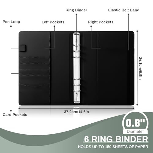 Ovesmusl PU Leather Aesthetic A5 Binder 6 Ring Binder Journal Cover - color: Black, size: A5