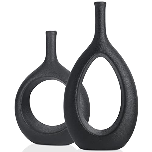 Black Ceramic Hollow Elliptical Vase Set of 2 - Boho Circle Vase with Hole, for Modern Black Table Decor, Living Room Decor Shelf mid Century Modern Home Entrance Decorative vase - color: Black
