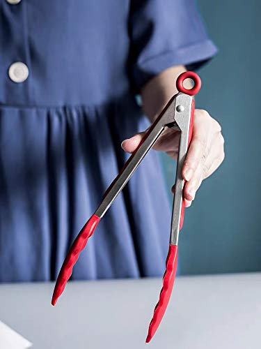 HINMAY Silicone Cooking Tongs 9-Inch Serving Tongs, Set of 3 (Red) - color: Red