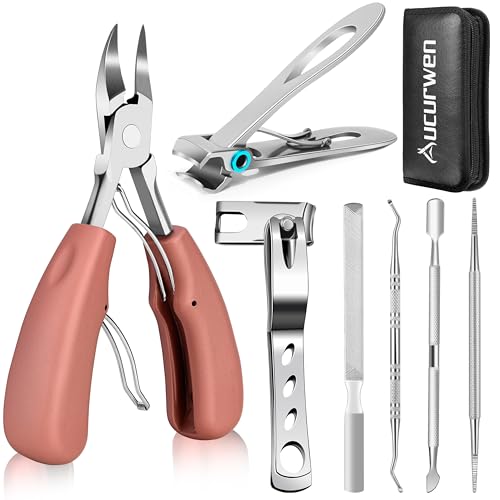 Toenail Clippers for Seniors Thick Toenails, Aucurwen Heavy Duty Toe Nail Clippers Adult Thick Nails Long Handle, Large Toenail Clippers for Thick Nails 7Pcs(Pink) - color: Pink