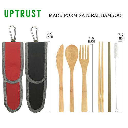 UPTRUST 2 Set Bamboo Cutlery Set Bamboo Travel Utensil Reusable Organic Bamboo Utensil Fork Knife Spoon Chopsticks Straw Cleaning Brush for Travel Picnic School Office（Black & Red） - color: Black/Red