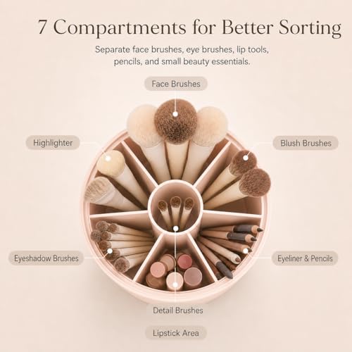 EACHY Makeup Brush Holder with Lid, 360° Rotating Vanity Organizer for Brushes, Dustproof Cosmetic Display Case, 7 Compartments, Waterproof Plastic (Pink) - color: Pink