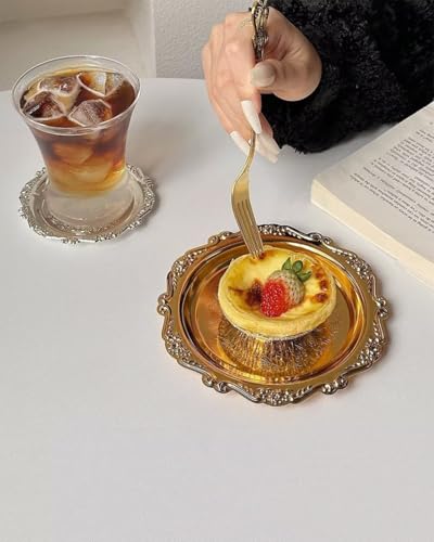 2PCS Coffee Table Tray 5.9in Round Decorative Tray Vintage Metal Dessert Plates for Snacks Fruit Silver - color: Silver, size: 5.9 in