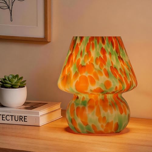 Mushroom Lamp, Green&Orange, Small Glass Bedside Lamp - color: Green&Orange