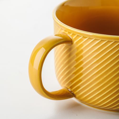 Ceramic Soup Bowl with Handle, 38 oz Microwave Safe, Yellow - color: Mustard Yellow