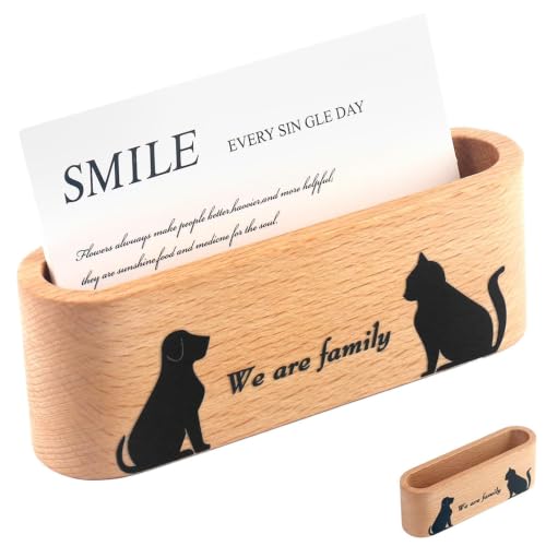 Wood Cat And Dog Business Card Holder for Desk,Wood Name Card Holder - color: Beech Wood with Cat and Dog
