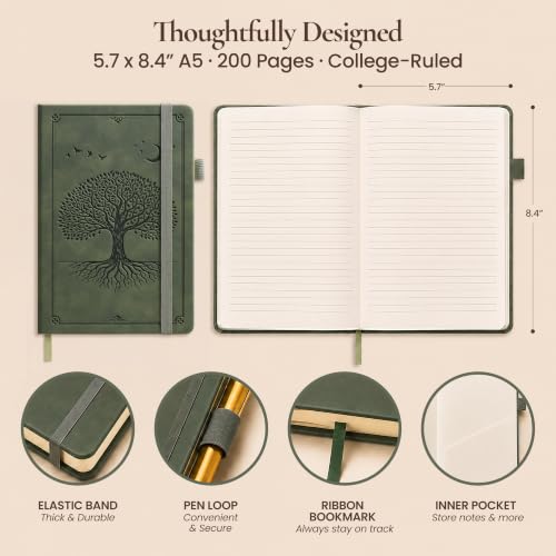 Lined Journal Notebook Hardcover Leather Bound 200 Pages A5 Green Diary - color: Light Green, size: A5 200 Pages