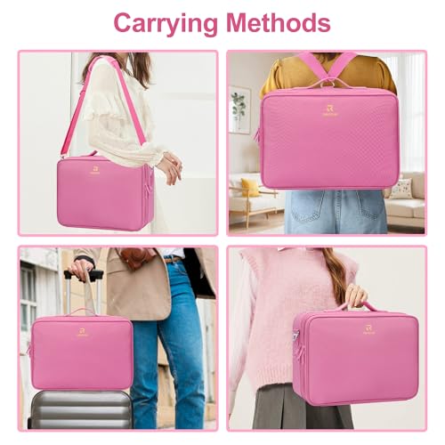Relavel Makeup Case Large Makeup Bag Professional Train Case Travel Cosmetic Organizer Brush Holder Waterproof Makeup Artist Storage Box, 3 Layer Large Capacity, with Adjustable Strap, Rose Pink - color: Rose Pink, size: Large
