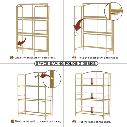 Crofy 3-Tier Wider Foldable Bookshelf, Gold Frame & Transparent Shelves - color: Gold Frame & Transparent Shelf, size: 3 Tier Wider