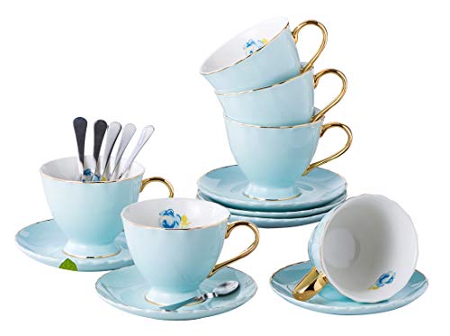 Jusalpha Blue Porcelain Tea Cup and Saucer Set - color: Blue.