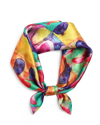 100% Mulberry Silk Scarf for Women Lightweight 21" Small Square Neck Scarf Headscarf Neckerchief Gift Packed - color: Colorful Abstract