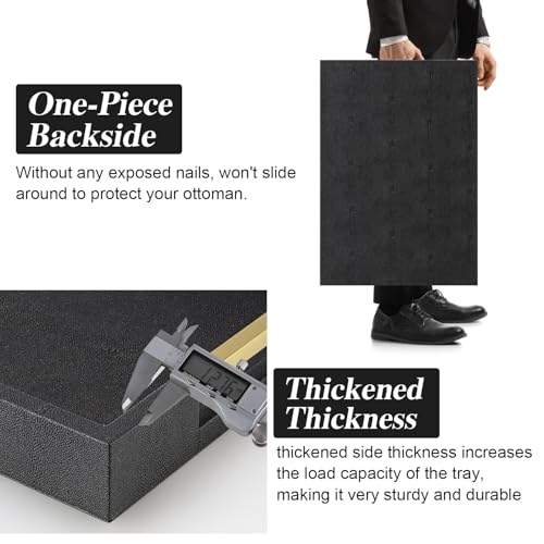 Black Faux Leather Large Square Tray with Handles – Decorative Serving for Coffee Table, Ottoman, Living Room & Bathroom - color: Black, size: 20" x 14" x 2"