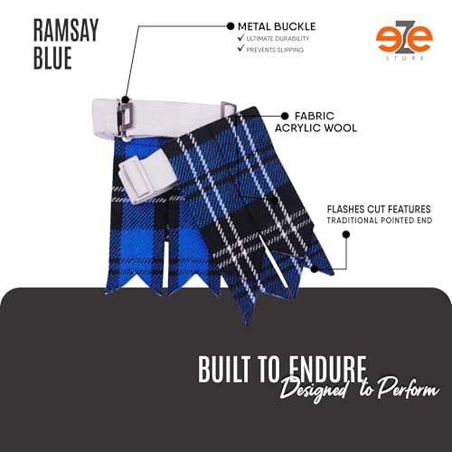EZE Kilt Flashes for Men with Heavy Buckle Adjusters, Plain & Tartan Kilt Sock Flashes Acrylic Wool - color: Ramsay Blue