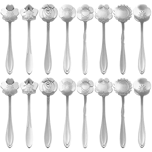 16 Pieces Tea Spoon Coffee Teaspoon Set, PBIEHSR Stainless Steel Flower Spoons for Stirring Drink Mixing Milkshake Jam - style: Silver