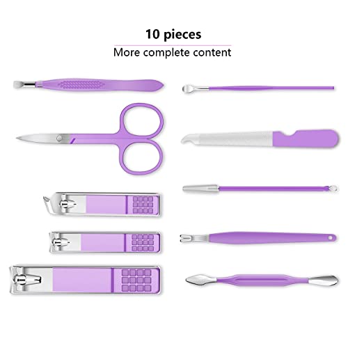 Manicure Set, Travel Mini Nail Clippers Kit Pedicure Care Tools, 10pcs Stainless Steel Grooming kit (Violet) - color: Purple