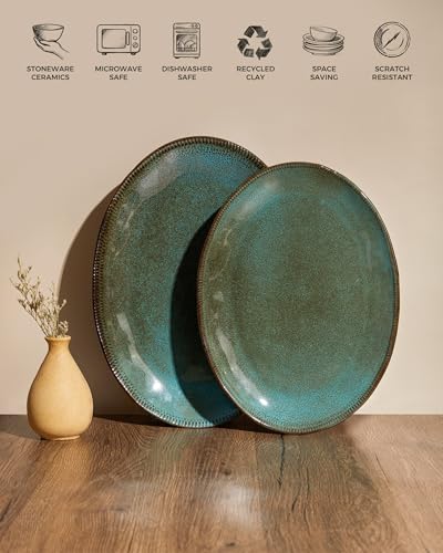 Pokini Stoneware Serving Platters, Oval 13.18/11.92 inch Serving Dishes for Entertaining, Ceramic Serving Trays for Party, Fruit, Turkey, Cheese, Trays for Serving Food, Microwave Safe, Brown Green