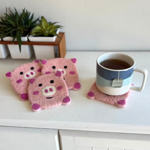 Humble Hilo Handmade Animal Felt Coaster Set of 4, Absorbent Coaster for Animal Lover (Pig) - color: Pig