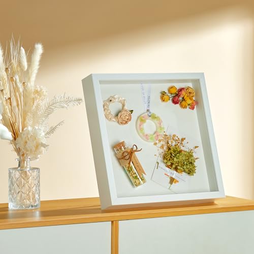 12x12 Shadow Box Picture Frame with Real Glass Panel and Linen Back - color: White + Thickened Panel + Foam Packaging, size: 12x12