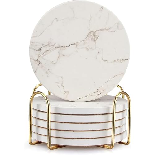 White Marble Coasters Set of 6 Absorbent Ceramic Cute Drink Coaster Holder