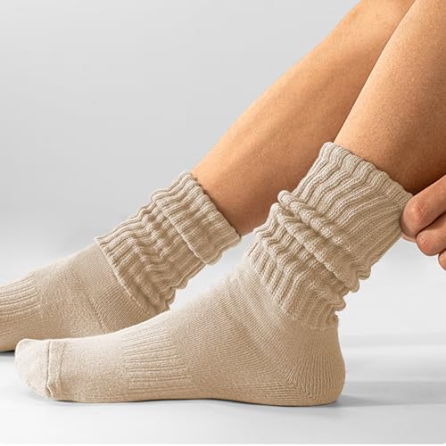 AugRing Women's Scrunch Crew Socks Retro 3-Pack Solid Cotton Boot Calf Chunky Ribbed Cozy Slouchy Socks Size 5-11 - color: White/Black/Beige