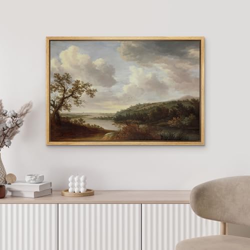 MUDECOR Framed Canvas Print Wall Art Vintage Field with Trees Serene Pastoral Scenery Illustrations Fine Art Decorative Zen Multicolor Country/Farmhouse Retro for Bedroom - 24"x36" Natural - color: A03-2404-irs07, size: 36"L x 24"W