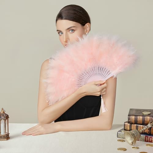 BABEYOND Marabou Feather Fan 20s Vintage Folding Fan Flapper Hand Fan for Costume Dancing Show Tea Party Wedding Decoration (Pink-Pink Rib) - color: Pink-pink Rib