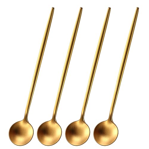 DEHOV Satin Gold 6.7 Inches Coffee Spoon,4 Pieces Stainless Steel 18/10 Tea Spoons Set,Solid Round Handle Coffee Stirring Spoon,Durable Dishwasher Safe Long Handle Ice Cream Spoons,Teaspoon - color: Gold, size: 6.7 Inch