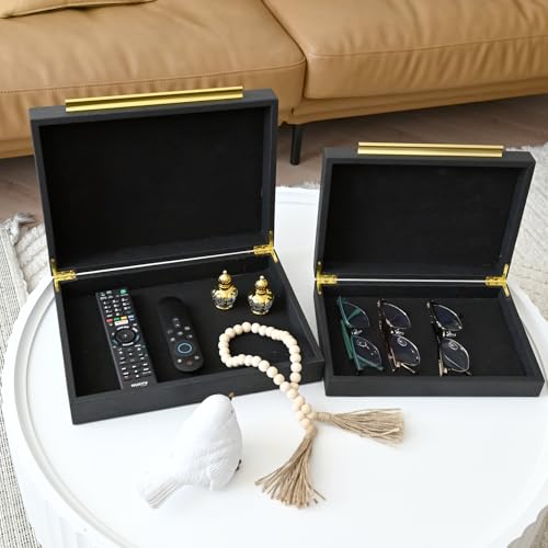 DECOR4SEASON Faux Shagreen Leather Jewelry Boxes Set of 2 with Gold Handles - color: Black, size: M