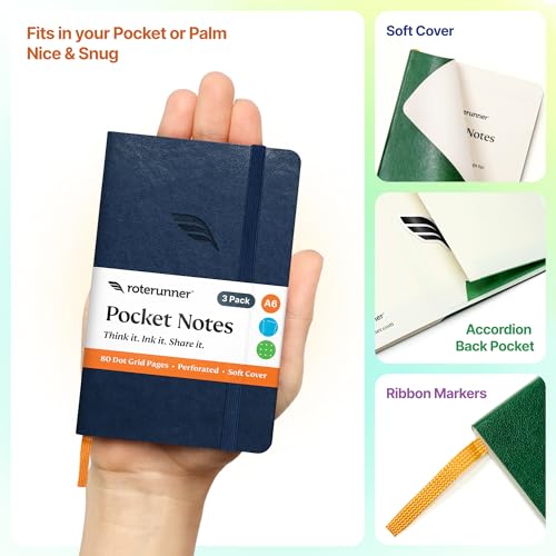 Roterunner A6 Pocket Notebook (Bold Classic) 3 Pack 3.5x5.5 Dotted Mini Notebook Journal 100Gsm Perforated Paper, Work Gym Travel Journal Notebook, Leather Small Notebook Numbered with Notes Index - color: Bold Classic