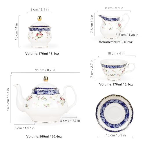 fanquare 21-Piece Blue Lace and Roses Bone China Tea Sets for Adults - color: Blue and Roses