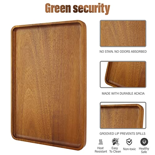 16" x12" Large Solid Acacia Wood Serving Tray Rectangular Wooden Serving Platter Natural Wooden Board for Bar Coffee Party - size: 16x12 in