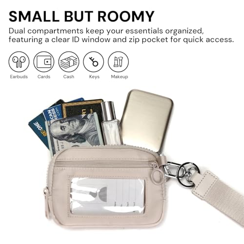 Keychain Wallet for Women with Clear ID Window, Coin Pouch and Wrist Strap - color: Light Beige