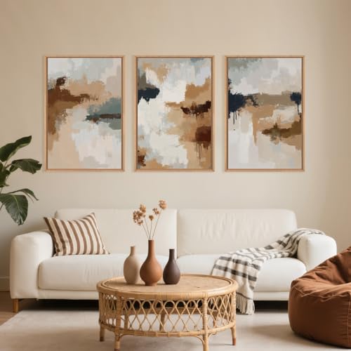 LHIUEM Large Abstract Brown Grey Framed Canvas Wall Art,Neutral Brush Stroke Pastel Wall Decor,Modern Color Block Wall Painting,Minimalist Artwork for Living Room,Bedroom,Dining Room,Office -24"x36"x3 - color: Abstract Brown Grey Wall Art, size: 36"L x 24