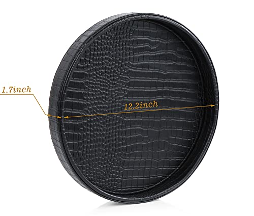 HofferRuffer Faux Leather Round Serving Tray, Vegan Croco Leather Decorative Tray, Food Tray for Storage Drinks, Snack & Cosmetics, Dia.12'' x 1.6'' (Black) - color: Black, size: 12"