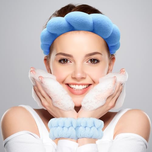 Zkptops Spa Headband for Washing Face Wristband Set Sponge Makeup Skincare Terry Cloth Bubble Soft Get Ready Hairband for Women Girl Puffy Padded Headwear Non Slip Thick Hair Accessory(Dark Blue) - color: YP Dark Blue