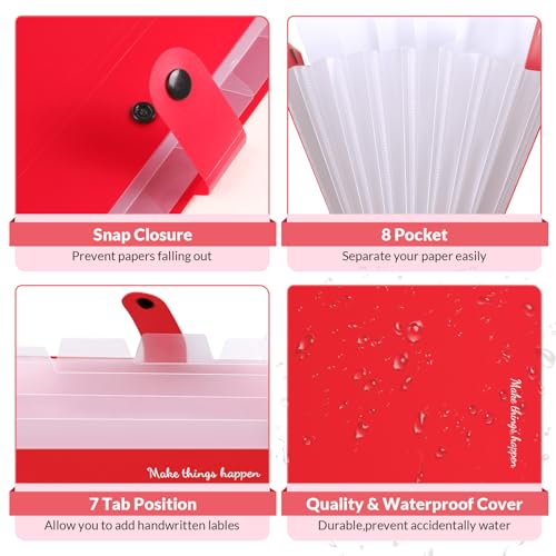 SKYDUE 8 Pockets Expanding File Organizer, Expandable File Folders with Pockets, Portable Document Paper Organizer, A4 Letter Size Filing Folder, Snap Closure, Red - color: Red-cm
