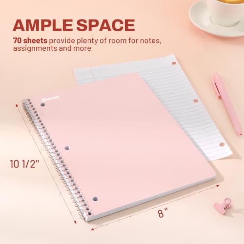 SUNEE Spiral Notebooks, 1-Subject, 10 Pack, College Ruled Paper, 8" x 10-1/2", 70 Sheets per Notebook,3-Hole Punched Paper, Pink,Purple, Blue, Green, Yellow Spiral Lined Notebooks for School,Work - style: Pastel | 10 Pack