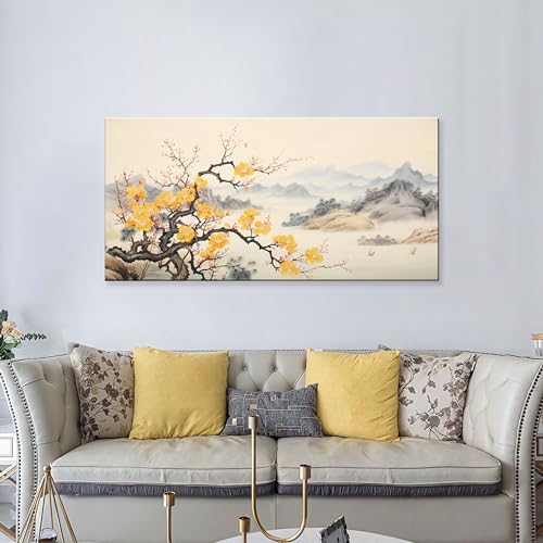 NAN Wind Asian Wall Art Traditional Chinese Painting Oriental Yellow Plum Blossom Canvas Pictures for Wall Decor Home decor for Living Room Cherry Blossom Decor Landscape Artwork Framed Ready to Hang - color: Yellow Blossom-One Piece, size: 32"L x 16"W