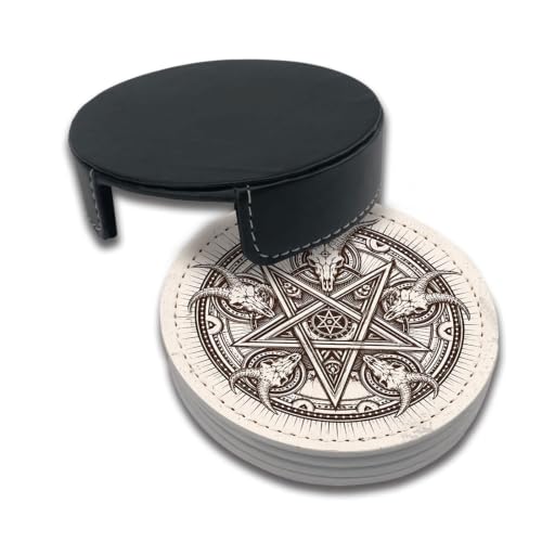 Satan Goat Skull Coasters for Drinks with Holder Leather Coasters Set of 6 for Coffee Table - color: Satan Goat