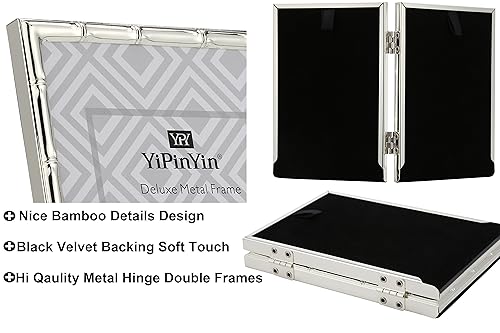 YiPinYin Silver 5x7'' Bamboo Detail Double Metal Picture Frame,Elegant Elegant Narrow Profile Silver Plated Photo Frames With Soft Velvet Backing for Desktop and Shelf Decor - color: Silver, size: 5x7Inch Double
