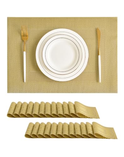 Leetaltree Gold Frame Placemats Set of 24, Woven Vinyl Heat Resistant - color: C1- Gold Frame, size: Set of 24
