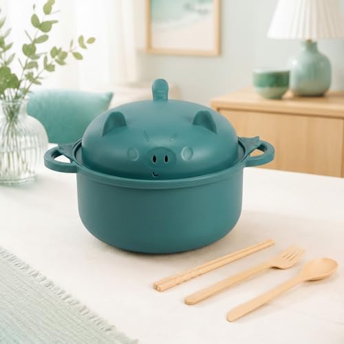 1 Set Large 45oz Cute Pig Ramen Bowl Set Microwavable, Dark Green - color: Dark Green