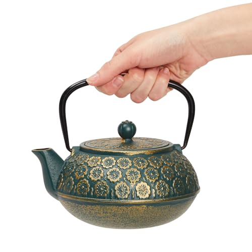 Juvale Cast Iron Tea Kettle with Infuser - 34 oz, Sage Green Floral - Loose Leaf Tea Infuser Pot & Japanese Cast Iron Teapot - color: Green, size: Medium