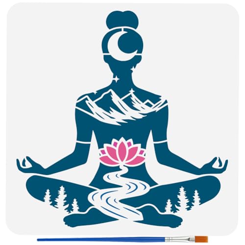 FINGERINSPIRE Yoga Stencil with Paint Brush 11.8x11.8inch Reusable Yoga Pose Stencil Mountains Lotus Flowers Woods Pattern Template Yoga with Natural Scenery Template for Painting on Wood Wall - style: Yoga Pose