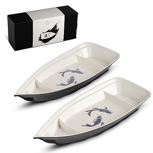 Sushi Boat Serving Tray - Set of 2 Elegant Serving Dishes - Nearly Unbreakable Melamine Plastic Plate - Top Dishwasher Safe